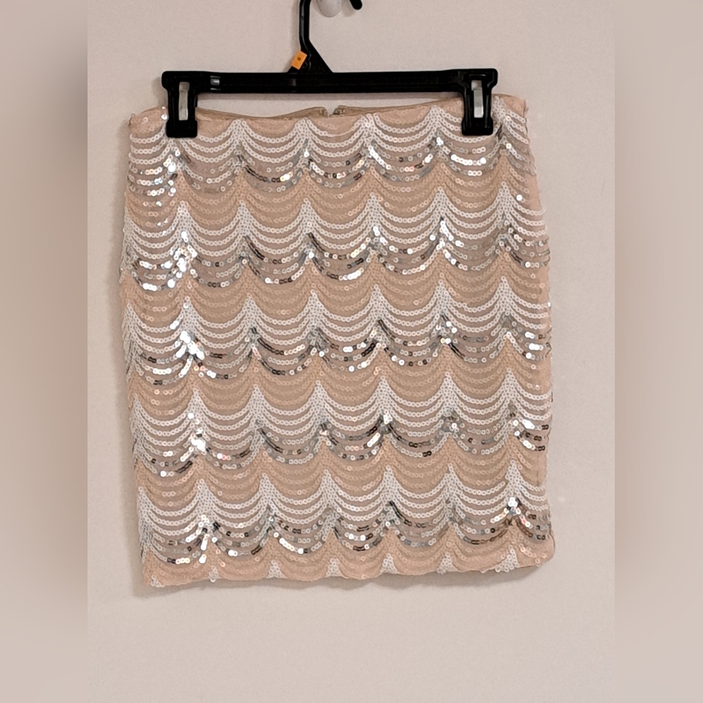 Crystal Doll Beige, White and Silver Sequin Mini Skirt Misses Size Medium
